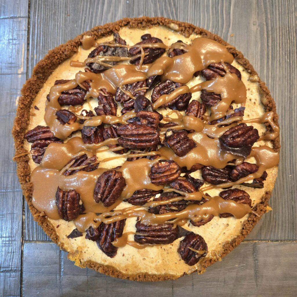 Pumpkin Cheesecake with Candied Pecans